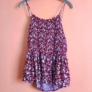 Red & White Floral Print Shirred Tie Back Ruffle Hem Spaghetti Top S